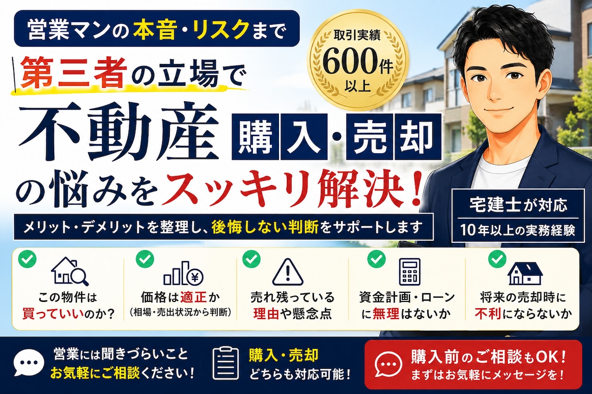 不動産購入相談｜プロがその物件買うべきか診断します 良い点だけでなくリスクも説明。購入前のセカンドオピニオンです イメージ1