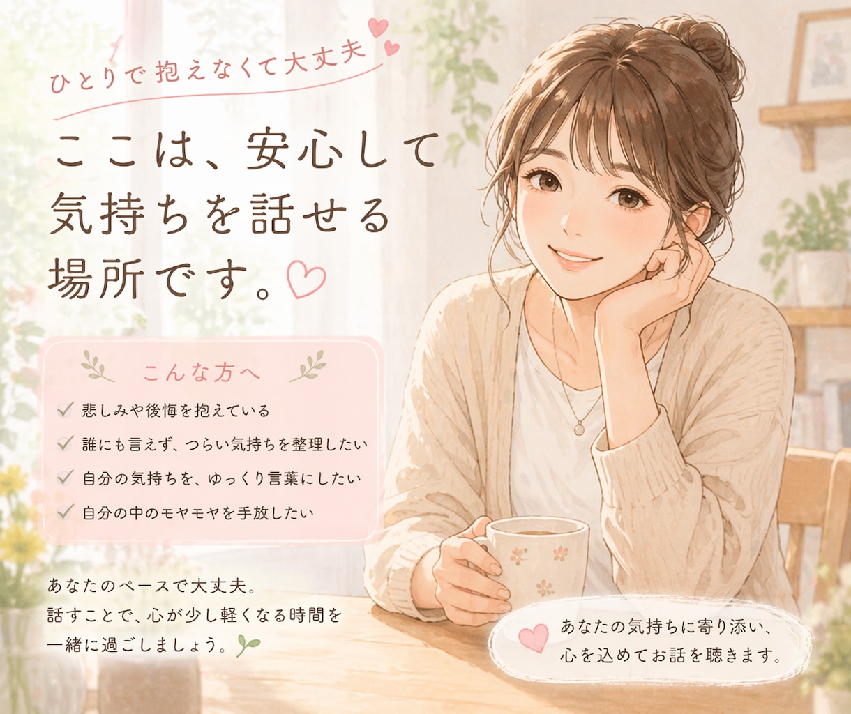 悲しみや後悔で揺れた心を整えます あなたの中にある答えを一緒に見つけていく時間。 イメージ1