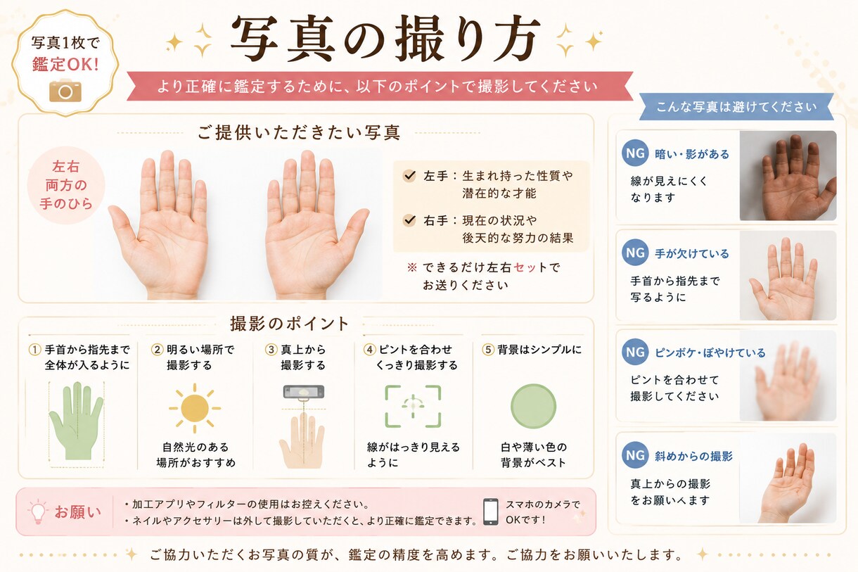 写真1枚であなたの手相をわかりやすく鑑定します 主要な手相を読み取り、強みや傾向をわかりやすくお伝えします。 イメージ3