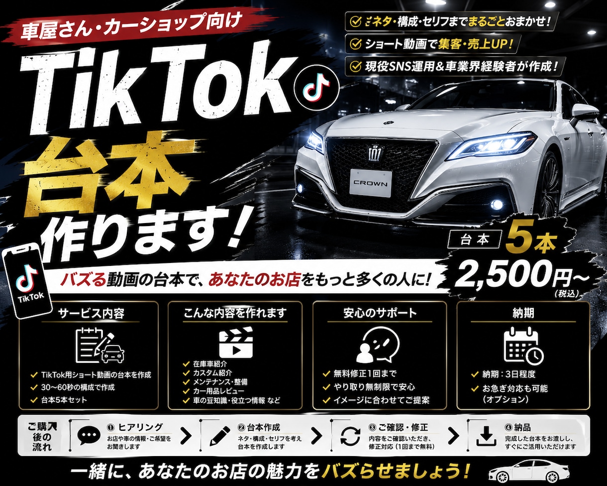 車屋向けTikTok台本を5本作成します 「SNSのネタ切れ解決！車の魅力を伝える台本を作成」 イメージ1
