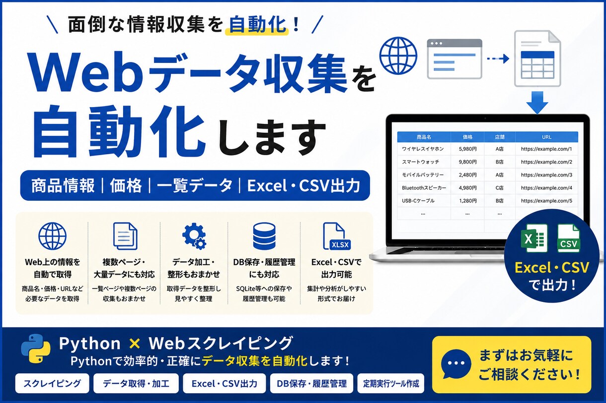 Webサイトから必要なデータを収集します 面倒なWeb情報収集を自動化・データ化します イメージ1