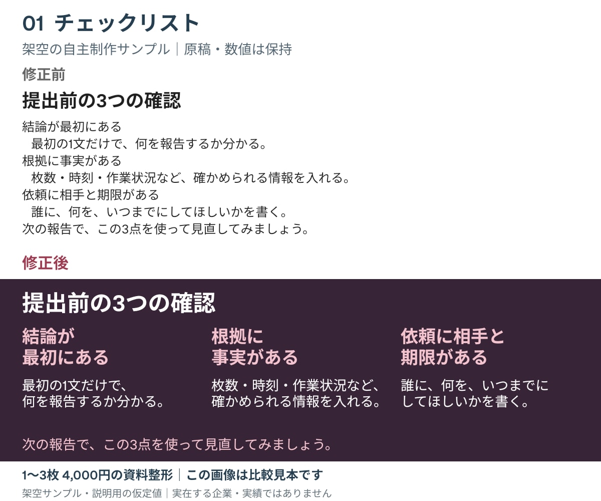 パワポ資料1〜3枚の文字と表を見やすく整えます 原稿・数値はそのまま。余白と配置を整理 イメージ2