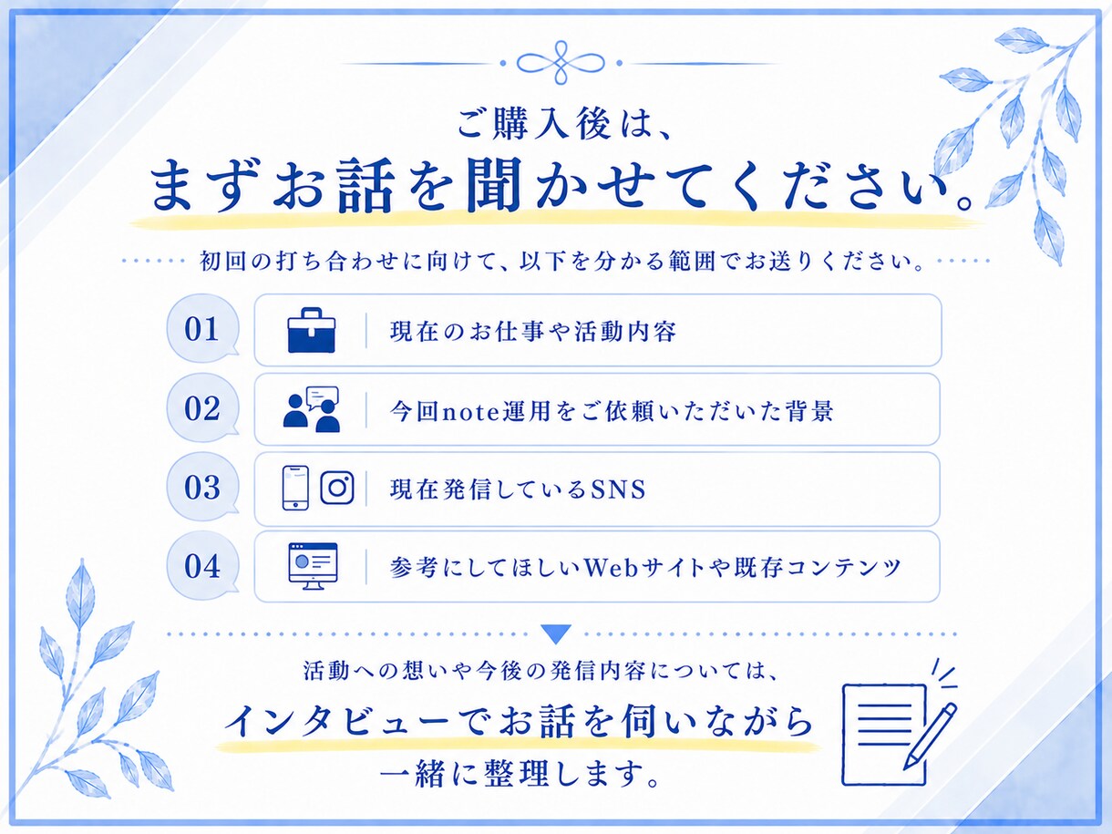 信頼が積み上がるnote運用代行をします インタビューをもとに、あなたの経験・活動・想いを記事にします イメージ5