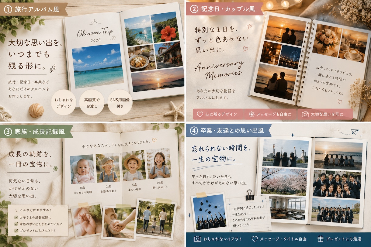 旅行・記念日・卒業写真をおしゃれなアルバムにします スマホに眠る思い出を、何度も見返したくなる一冊に。 イメージ2