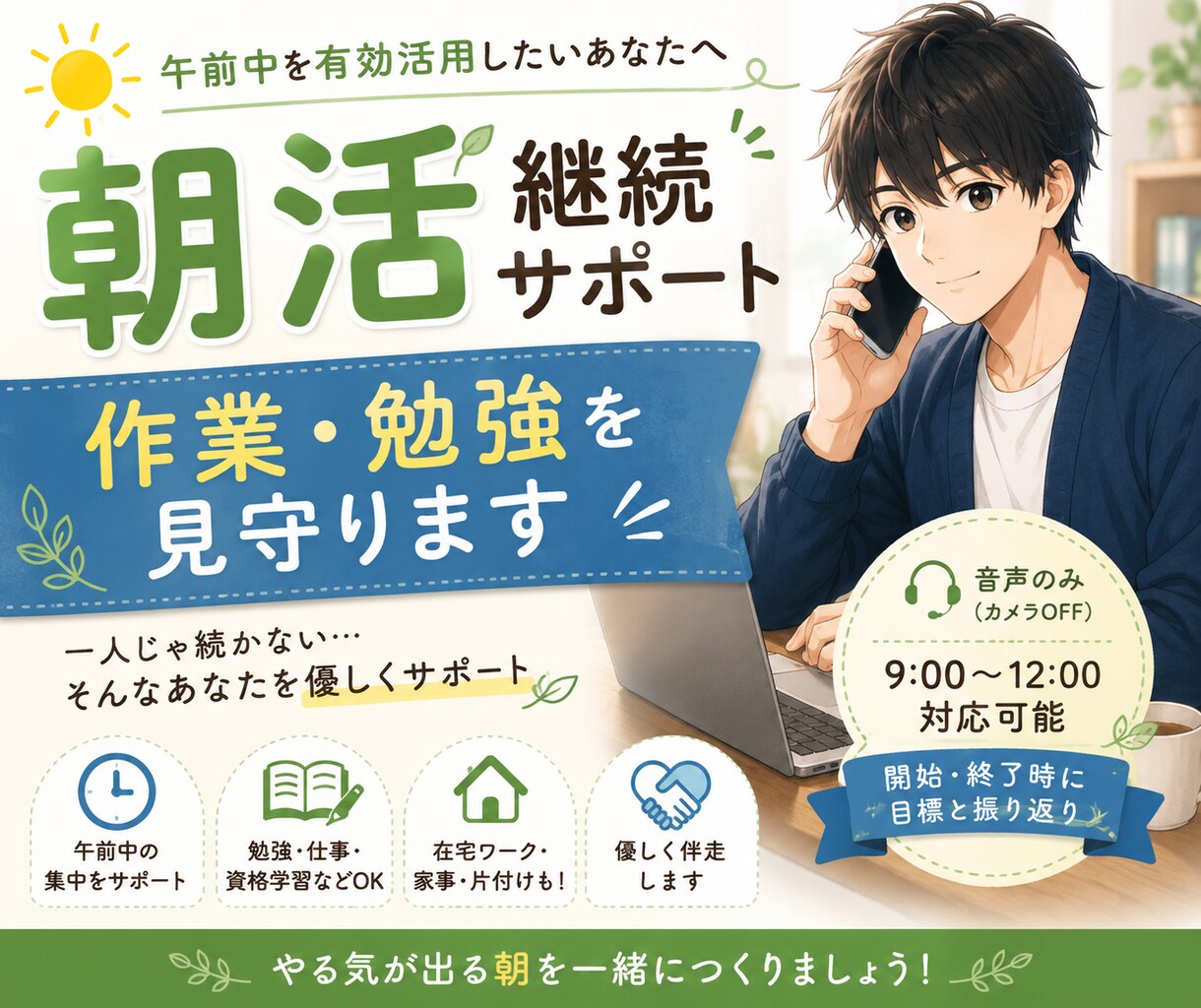 午前中に集中したい方へ！作業・勉強を見守りますます 一緒に頑張るだけで、不思議と進む。 イメージ1