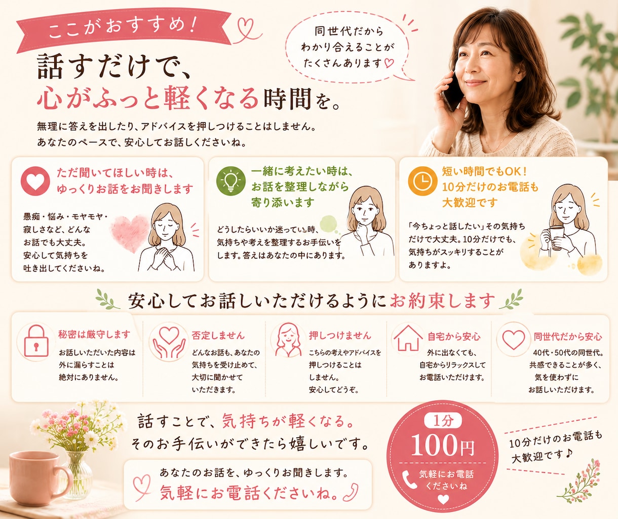 40代・50代女性へ｜同世代の話し相手になります 友達や人と会うのはちょっと面倒な時、ただ誰かと話したい時に。 イメージ3