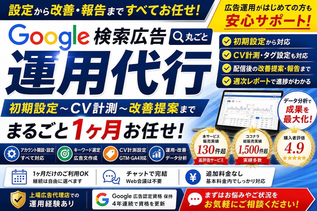 Google広告を設定から1ヶ月まるごと運用します 初期設定・CV計測・改善提案・月次報告まで全て対応 イメージ1