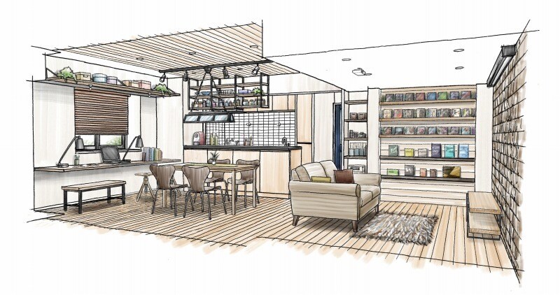 デジタル手描きマーカー調パース（複合空間）描きます 図面、参考画像を元に魅力的な空間を描きます。 イメージ10