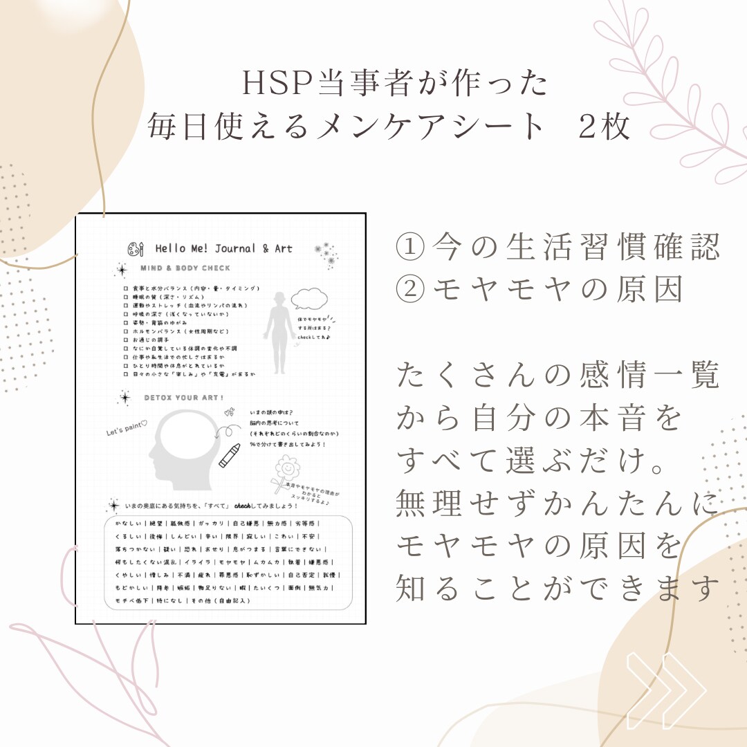 自分でできるセルフケアシート／モヤモヤを整えます 画像販売のみ／すぐ添付します。自分でできる心を整えるシート イメージ2