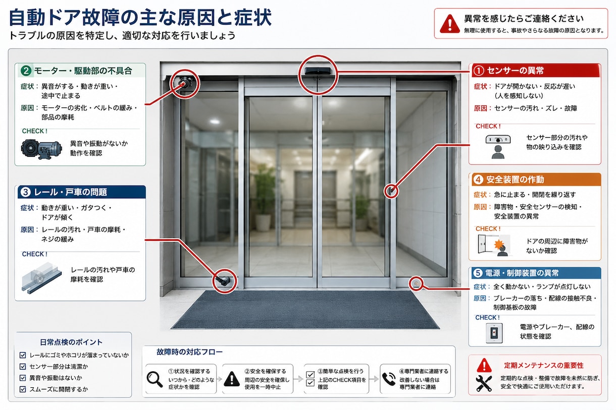 自動ドアが開かない？不具合の原因を診断します 自動ドアが開かない・異音がする…まずはご相談ください イメージ1