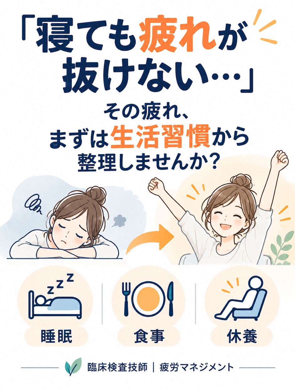 疲れが抜けない生活習慣を整理します 「寝ても疲れる」「休日も疲れている」を一緒に整理します。 イメージ2