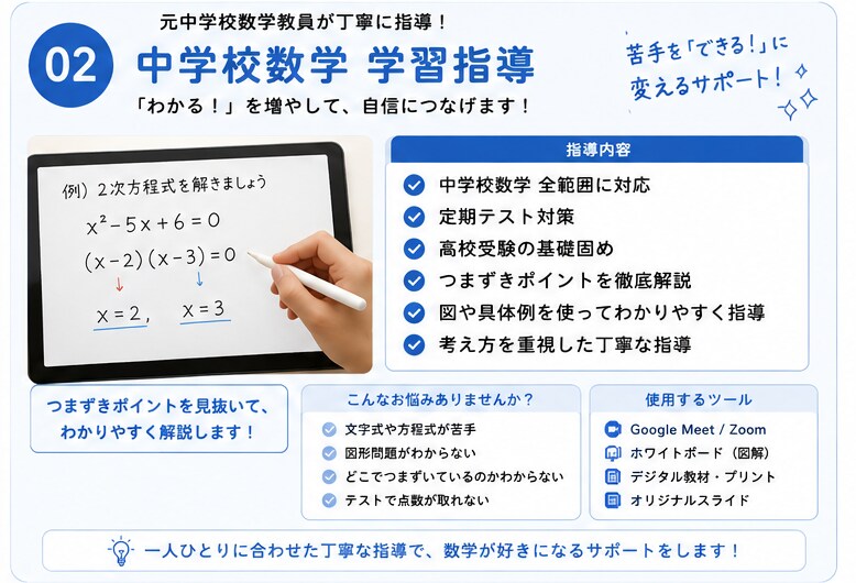 元中学校数学教員が丁寧に教えますます 「わからない」を一緒に整理して”数が苦”を”数楽”へ！ イメージ1