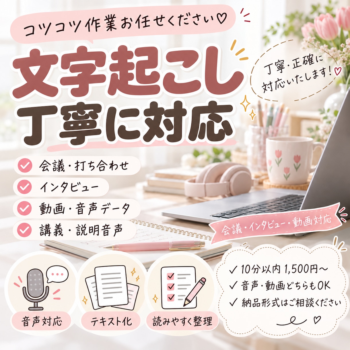音声・動画の文字起こしを丁寧に対応します 会議・インタビュー等を見やすく正確に文字化します イメージ1