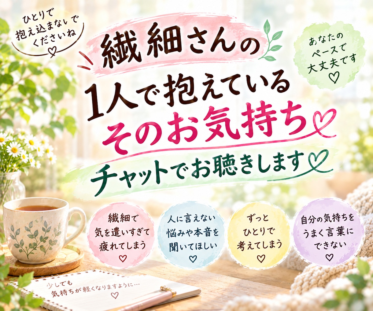 繊細さんの抱えている本音をチャットでお聴きします 時間に縛られず、24時間好きな時に思いを吐き出せる居場所 イメージ1