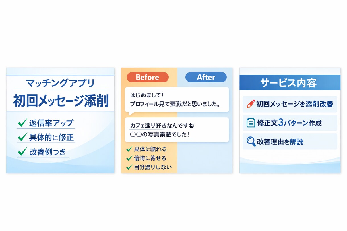 マッチングアプリ初回メッセージ具体的に添削します テンプレ渡しません！相手プロフィール前提で作ります イメージ1