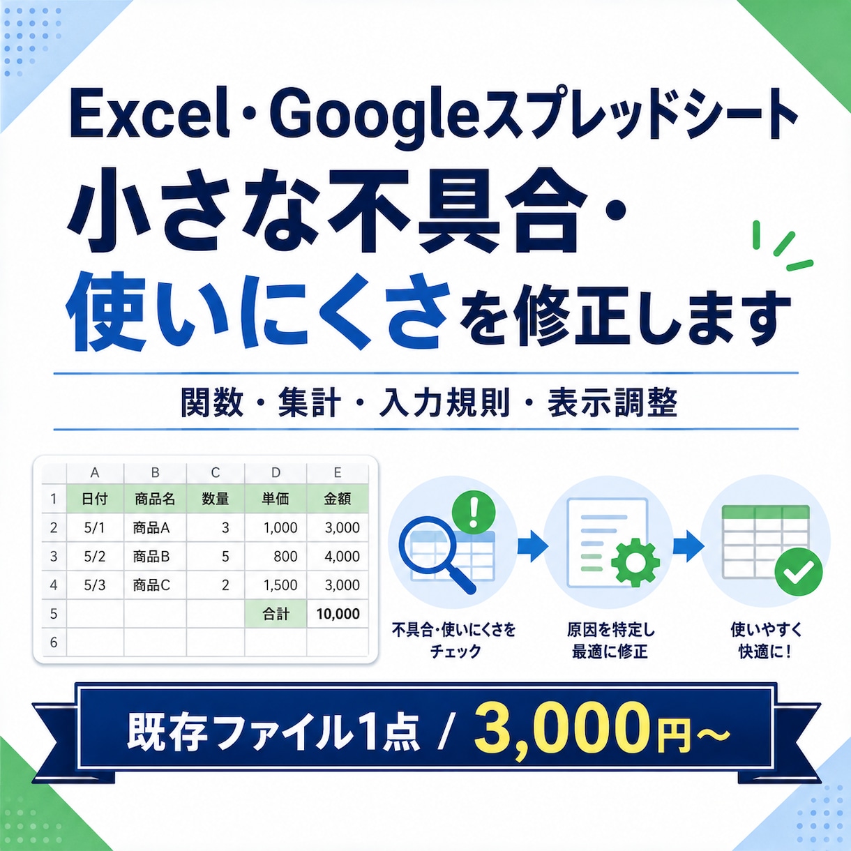 Excel・スプレッドシートの小修正をします 関数・集計・入力規則を必要な範囲だけ直します イメージ1