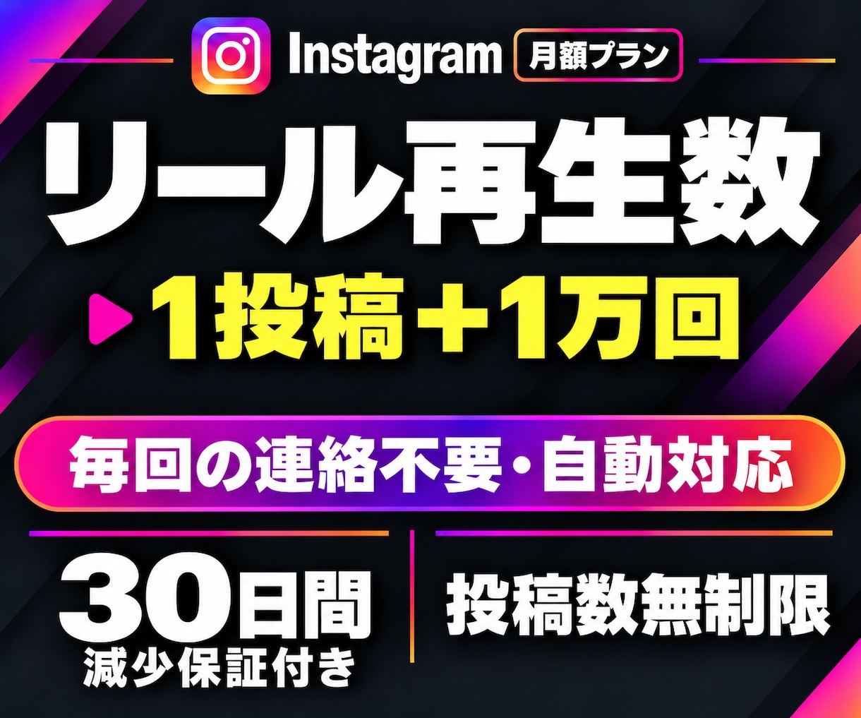 インスタリール再生数【30日間】まとめて増やします 連絡不要で毎回対応｜30日保証付き｜リール月額プラン｜高品質 イメージ1