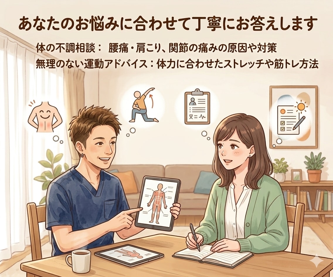身体の悩みや不調に寄り添い、一緒に向き合います 生活期の理学療法士があなたの悩みを優しく聞きます。 イメージ4