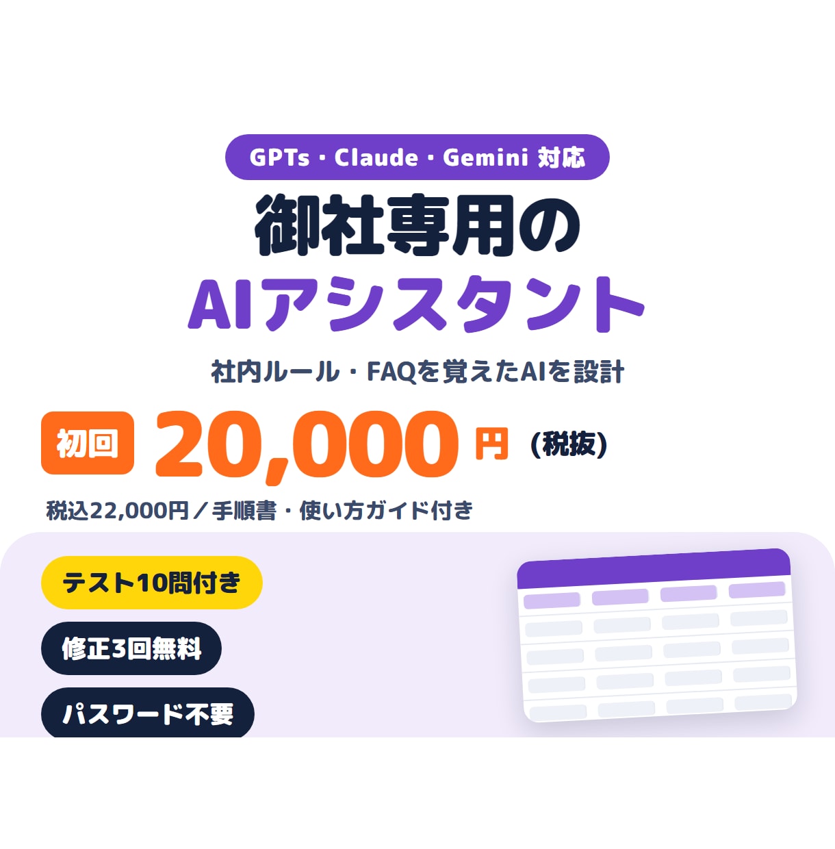御社専用のAIアシスタント（GPTs等）を作ります 社内ルールを覚えたAIを。設定一式と使い方まで納品 イメージ1