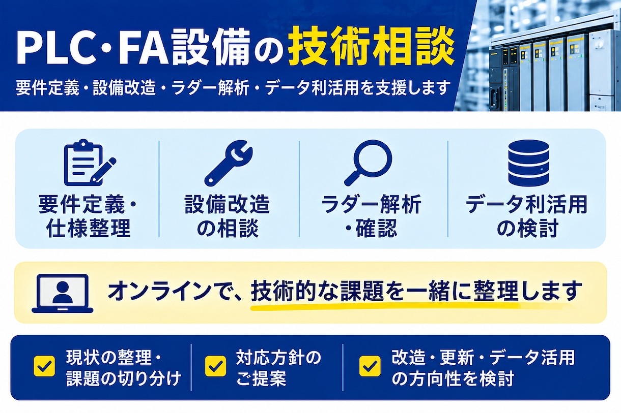 PLC・FA制御のお悩みをオンライン技術相談します 要件定義、設備改造、ラダー解析、データ利活用など支援します。 イメージ1