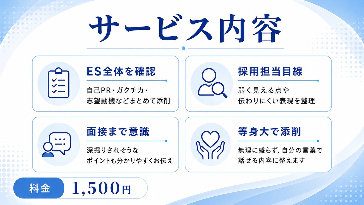 学歴やガクチカに自信がない方のESを添削します 元採用担当が、普通の経験を“企業に伝わるES”に整えます イメージ3