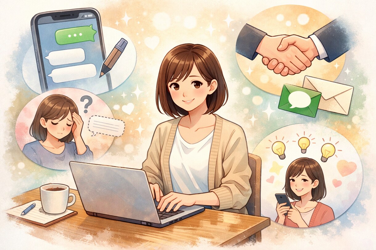 どう返すか迷っているLINEやメールを考えます 送る前に止まってしまった1通を、角が立たない形に整えます。 イメージ1