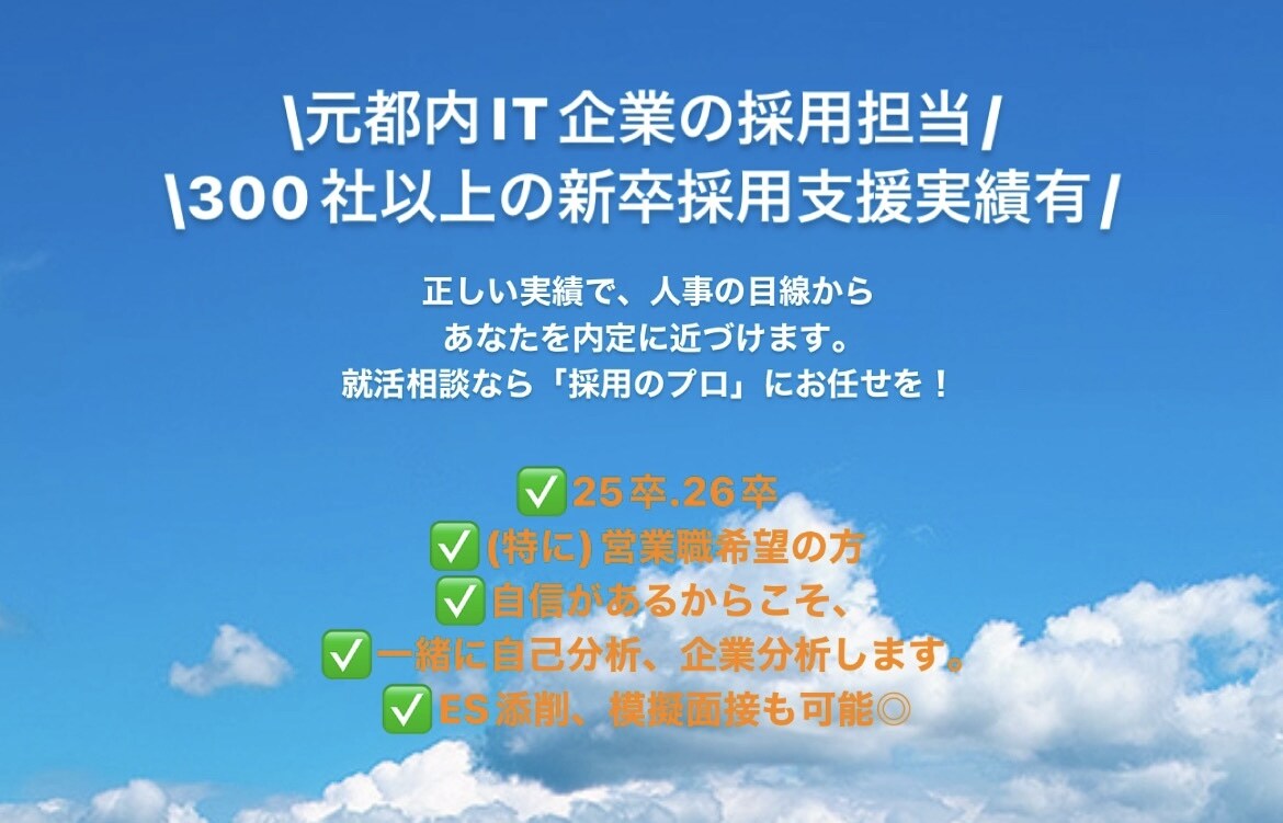 新卒就活生！自己/企業分析、ES添削、模擬面接ます 元IT企業人事/300社以上の企業の採用支援経験有の元営業 イメージ1