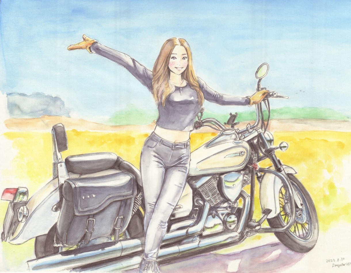 バイク、及び人物の水彩イラストを作成いたします 大切な愛車との思い出を淡い水彩イラストで残してみませんか？ イメージ3