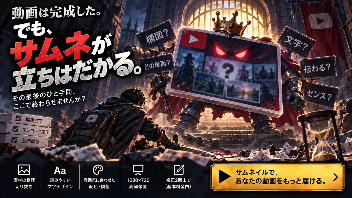 動画の内容がひと目で伝わるサムネイルを制作します 素材整理から文字組みまで、公開できる一枚に仕上げます イメージ2