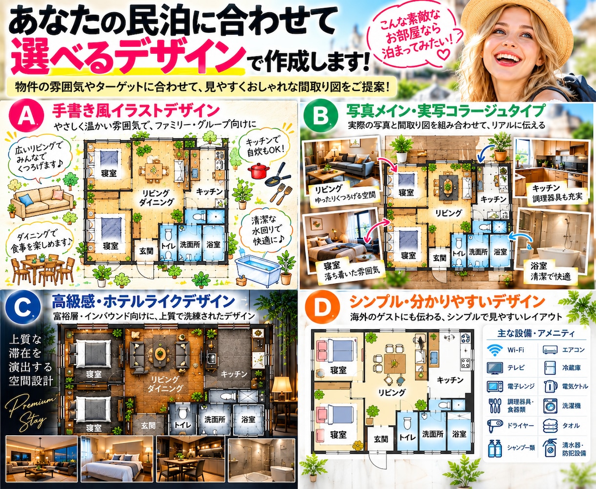 民泊向け間取り図・施設案内図を作成しますます 設備・アメニティも掲載！宿泊者に魅力が伝わる図面を作成します イメージ5