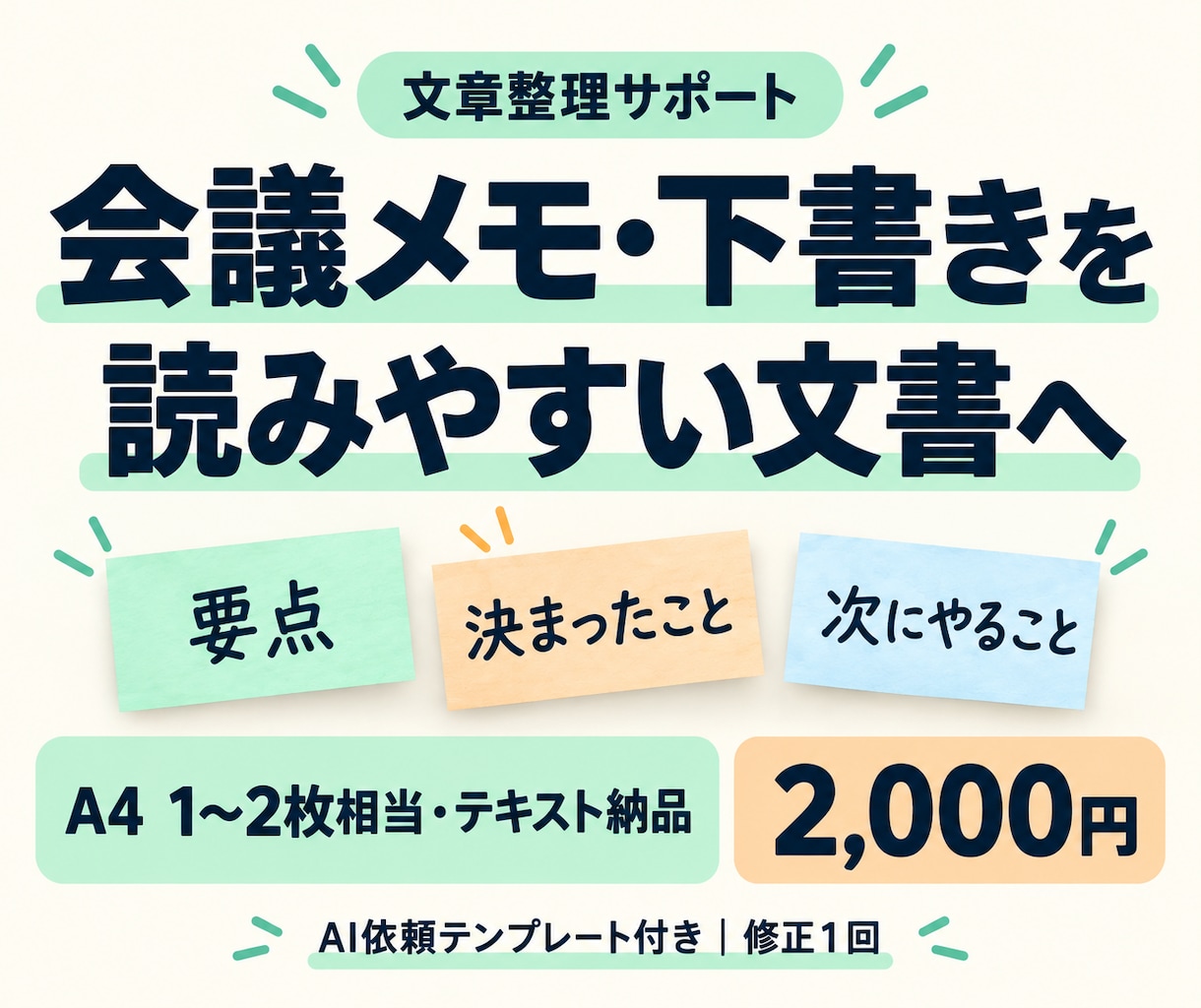会議メモ・下書きを読みやすい文書に整えます 要点・決まったこと・次にやることが分かる文書へ イメージ1