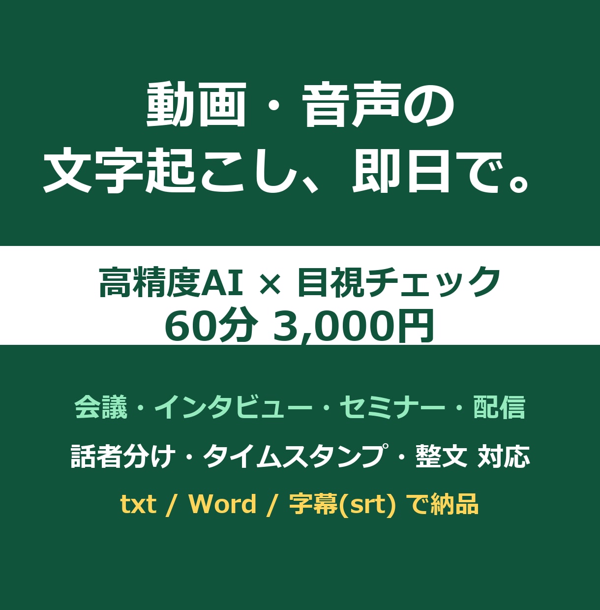 動画・音声をAIと目視で高精度文字起こしします 60分3,000円・最短即日。AI＋人の目でダブルチェック イメージ1