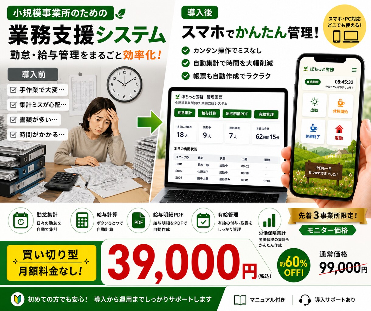 小規模事業所向け勤怠・給与管理を自動化します スマホ打刻から給与・有給・帳票作成までまとめて効率化 イメージ3