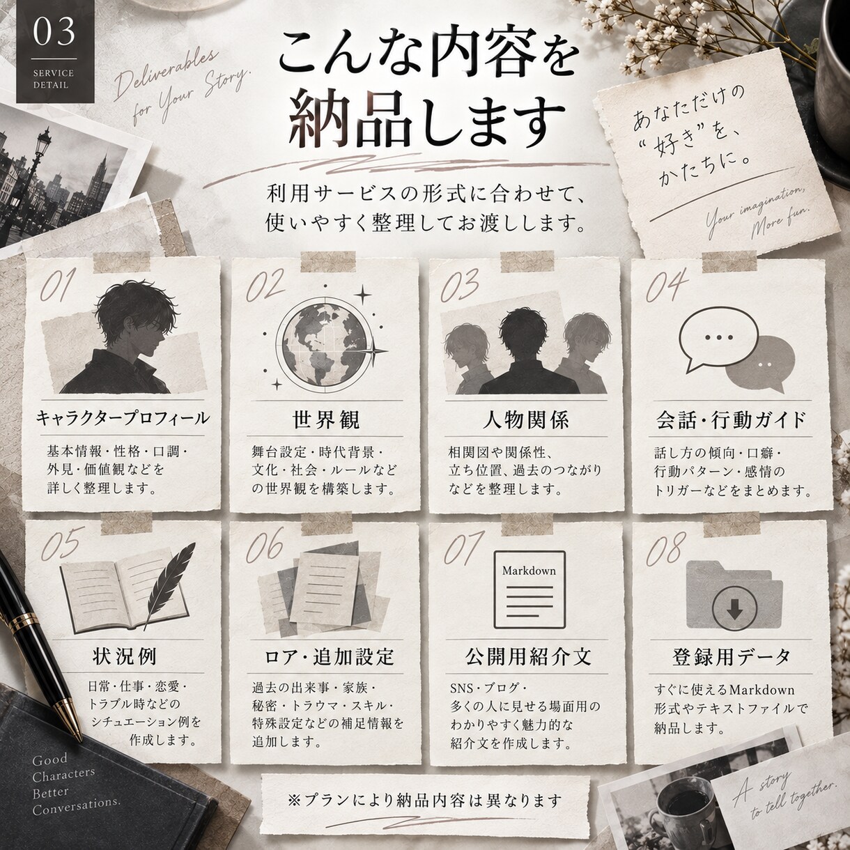 AIチャット用キャラ設定・プロットを制作します ふわっとした妄想から、遊べるキャラ設定に整えます。 イメージ3