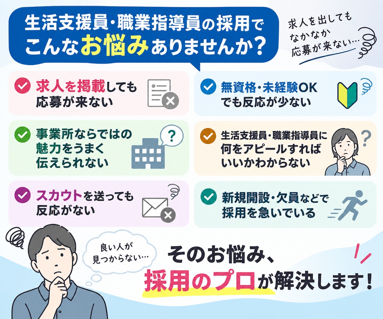 30日間【生活支援員・職業指導員】の採用代行します ｜障害福祉に強い！｜ジョブメドレーの求人改善＋スカウト代行 イメージ2