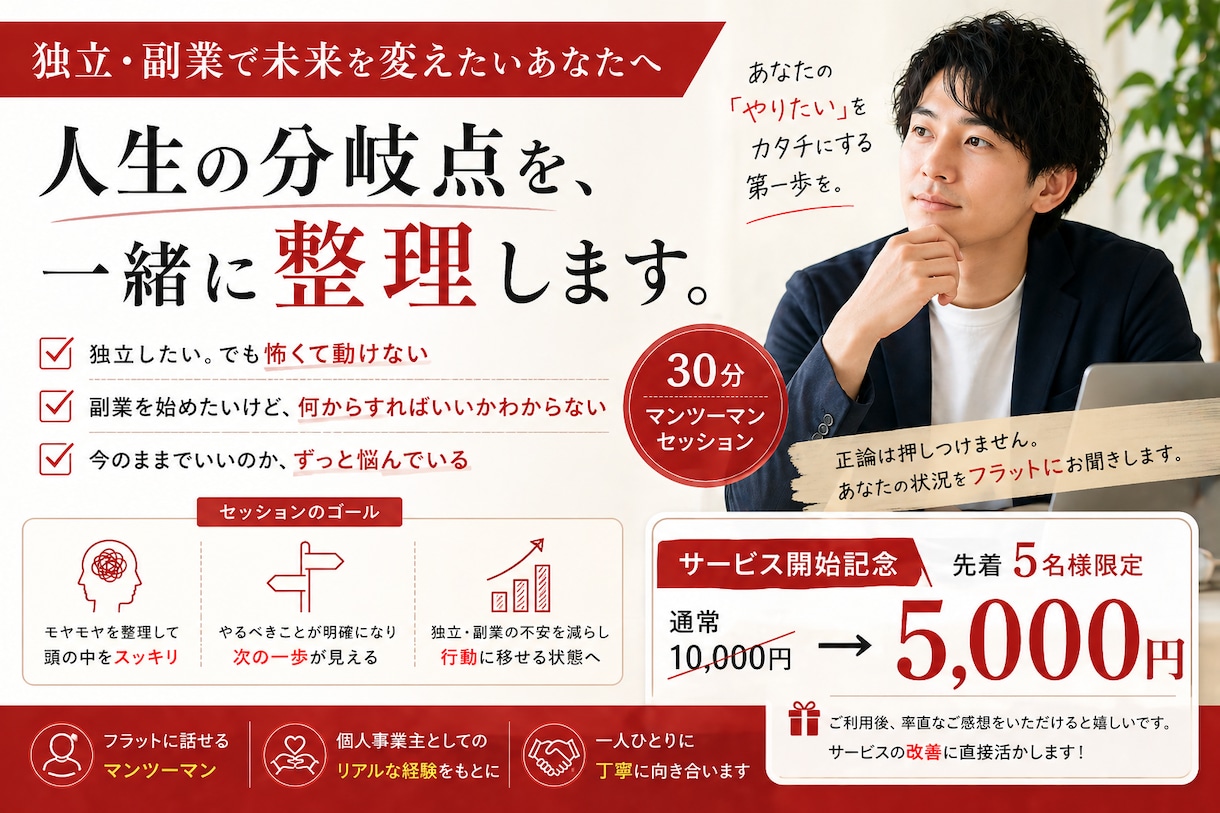 独立・副業の迷い。一緒に解決します モヤモヤを言語化して、次の一歩を見つける相談セッション イメージ1