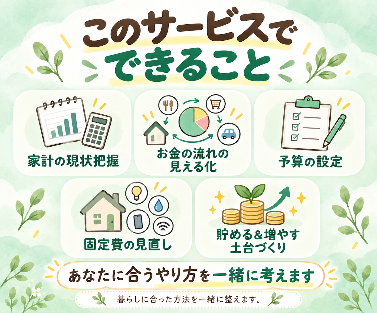お金の不安を丸っと解決！貯める体質へ改善します 家計簿なし！節約なし！独立系FPが１カ月間完全サポート！ イメージ2