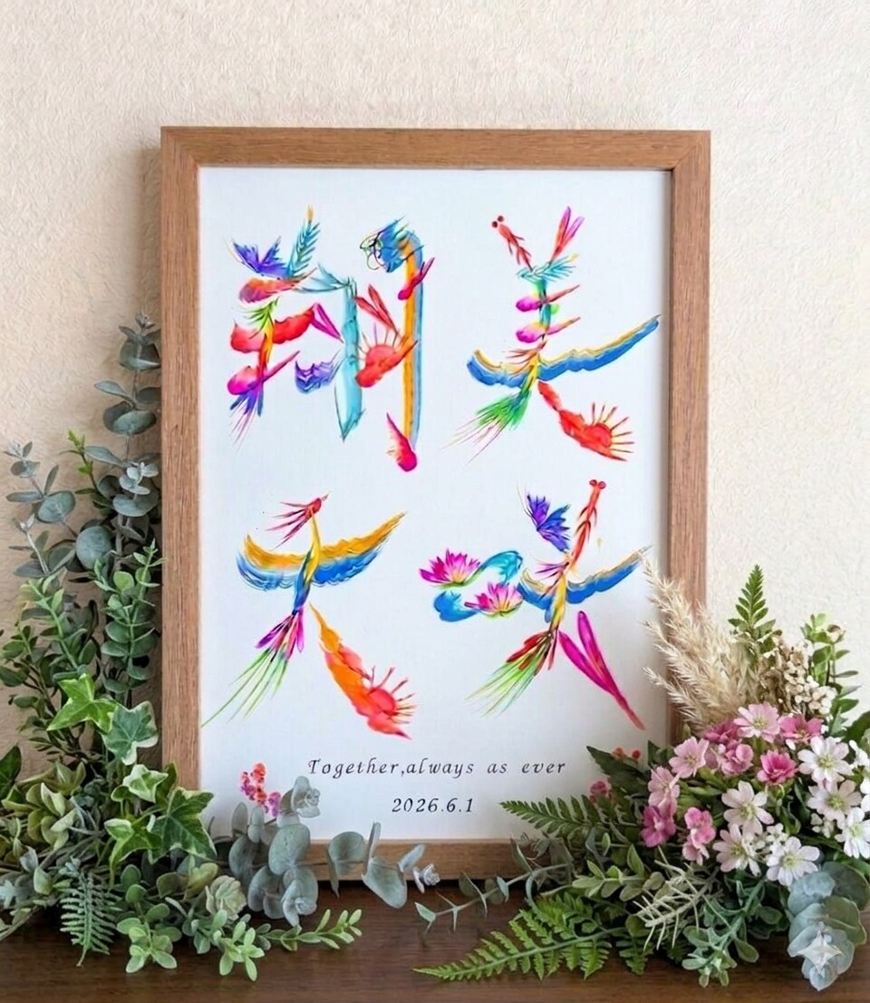 花文字で、結婚祝いやウェルカムボードをお描きします 縁起物でお祝い事にピッタリ。開運インテリアとしても喜ばれます イメージ1