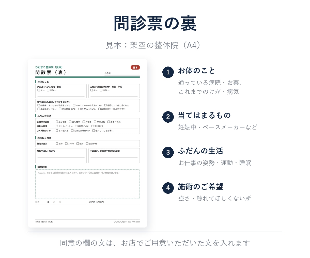 整体院の問診票を、聞く項目から作ります 体の図つきA4両面｜スマホで書けるWeb版も イメージ3