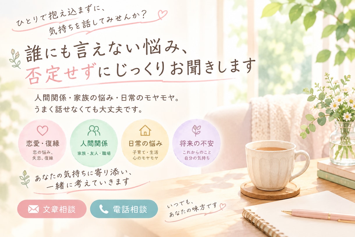 誰にも言えない悩み、否定せずじっくりお聞きします 人間関係・家族の悩み・日々のモヤモヤ。うまく話せなくてもOK イメージ1