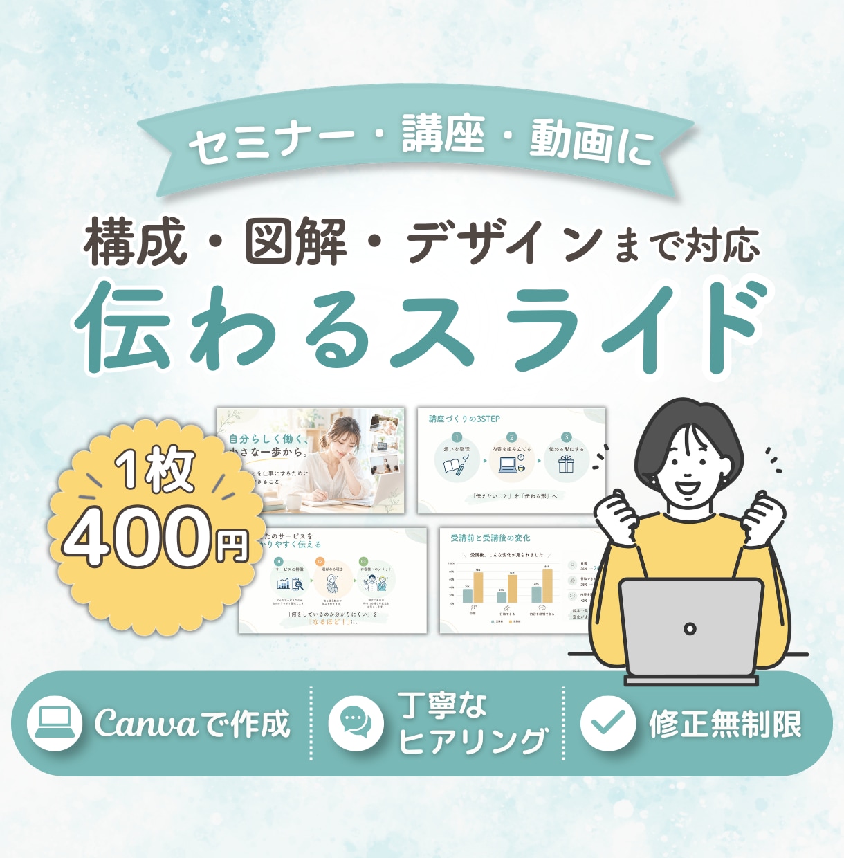 セミナー・講座・動画の「伝わる」スライドを作ります 内容を整理して、Canvaで見る人に伝わる資料に仕上げます イメージ1