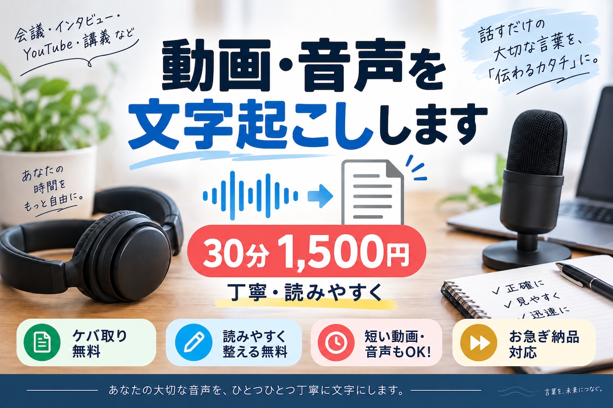 30分1,500円で動画・音声を文字起こしします ケバ取り・読みやすく整える作業無料！丁寧に確認して納品します イメージ1
