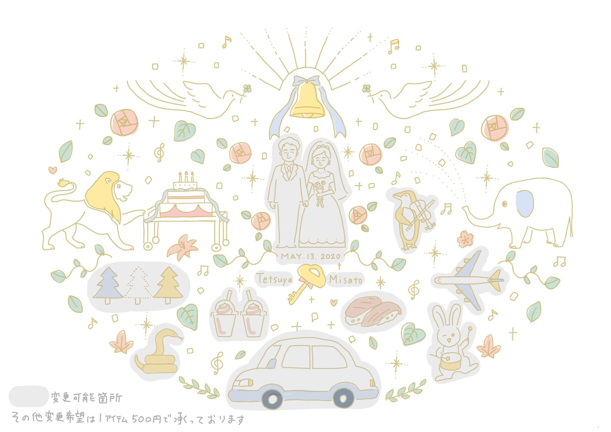 ずっと飾れる金のウェルカムボードを制作します ２人の似顔絵と好きなものを輝く金のラインで描きます。 イメージ10