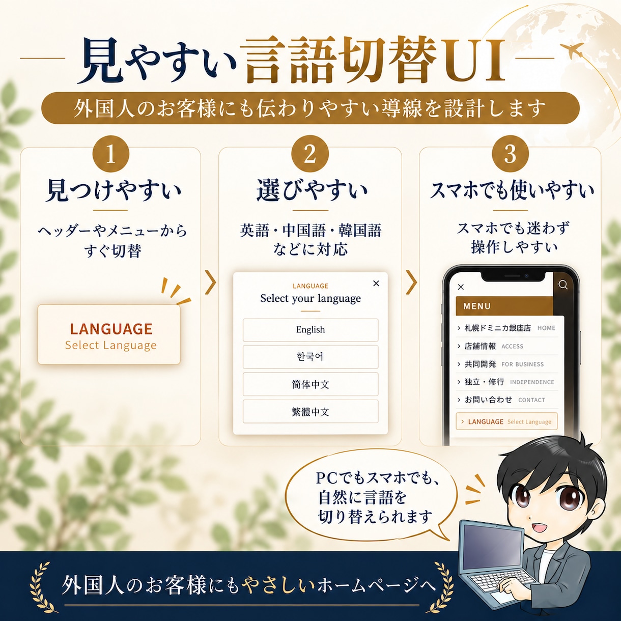 外国人対応の多言語ホームページを制作します 英語・中国語・韓国語対応｜見やすい言語切替を導入 イメージ4