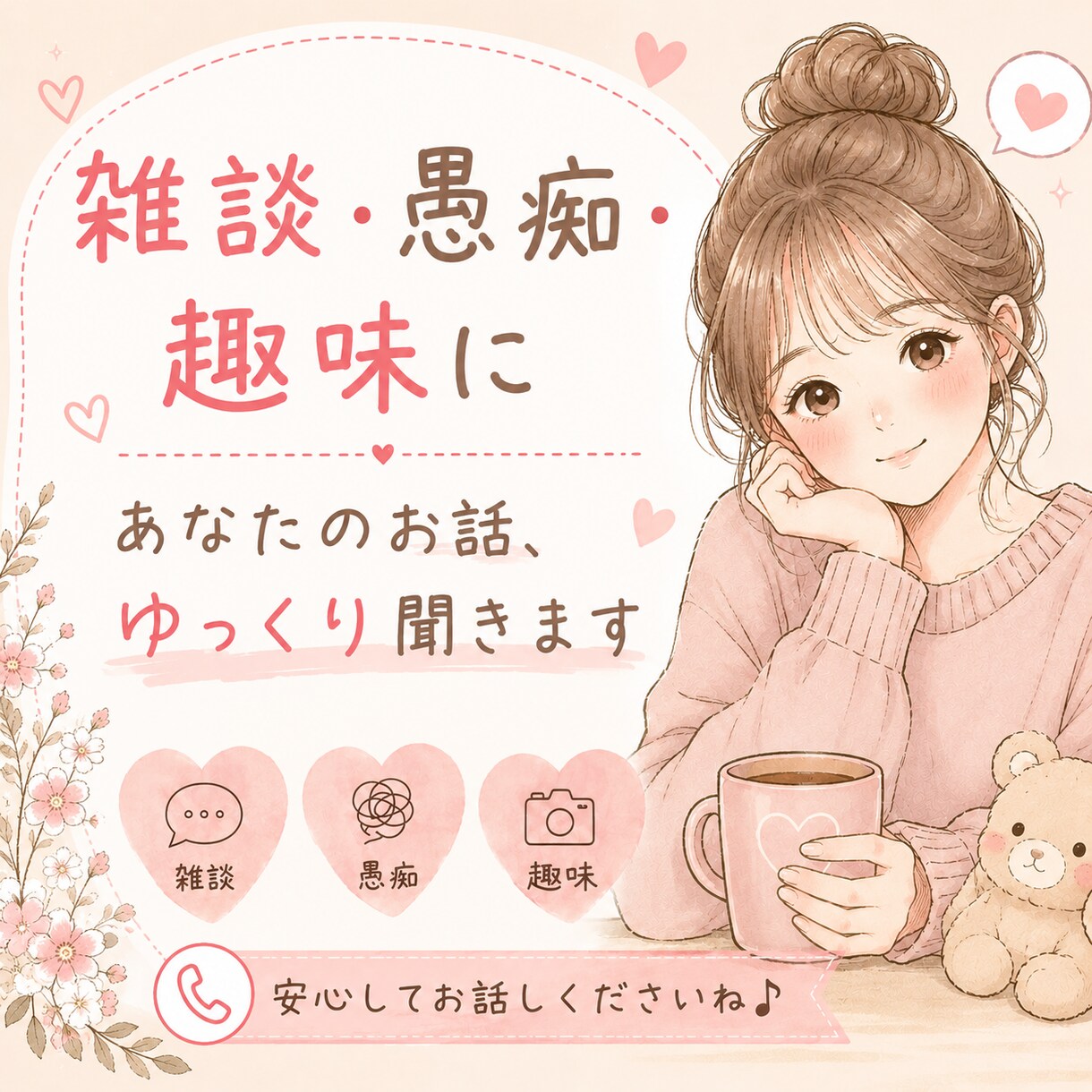 頑張る毎日の「ちょっと話したい」に寄り添います 友達感覚で話したい・推しや趣味の話をしたい、何でOKです。 イメージ1