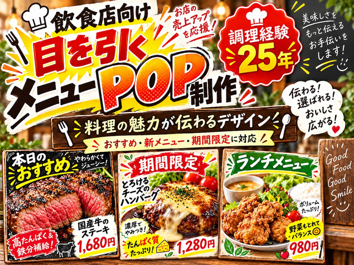 飲食店向けに目を引くメニューPOPを作ります 料理の魅力が伝わる店内POPを制作します イメージ1