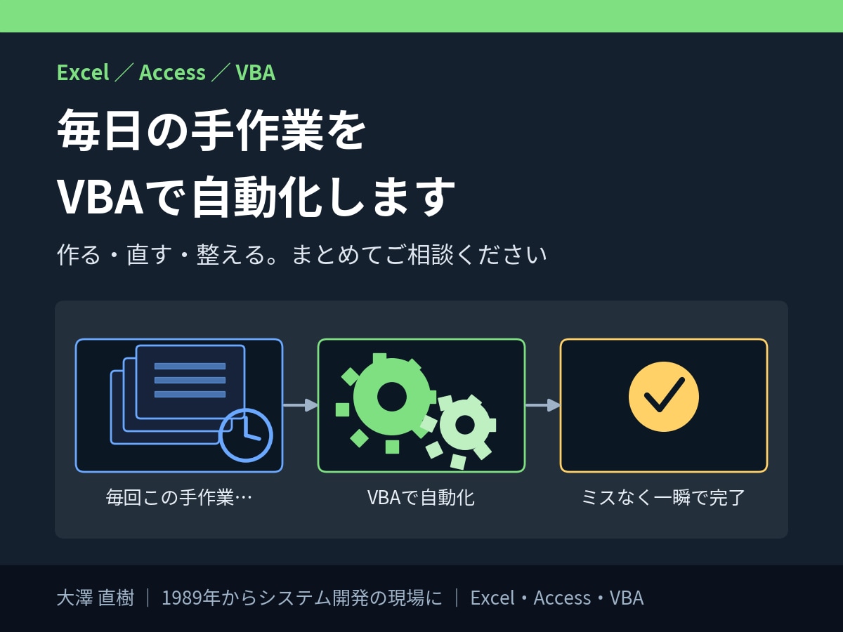 Excel・AccessのVBAツールを作成します 毎日の手作業を自動化。要件が固まる前からご相談OK イメージ1