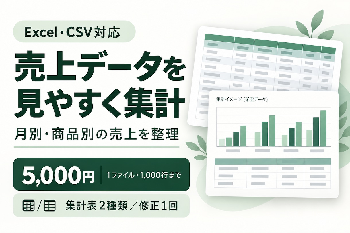 売上データをExcelで見やすく集計します 月別・商品別の売上を整理！毎月の集計作業をお手伝い イメージ1
