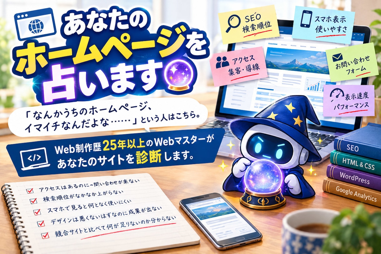 あなたのホームページを占います 「なんかうちのホームページ、イマイチ…」という方はこちら。 イメージ1