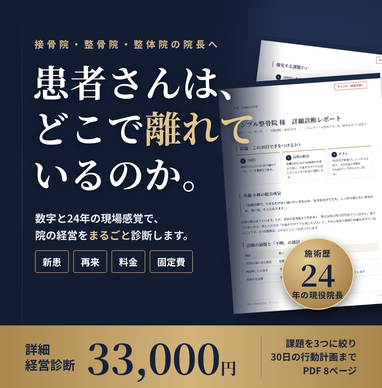 接骨院・整骨院の経営を診断し、30日計画を作ります 新患・再来・料金・固定費などを見て、課題を3つに絞ります イメージ1